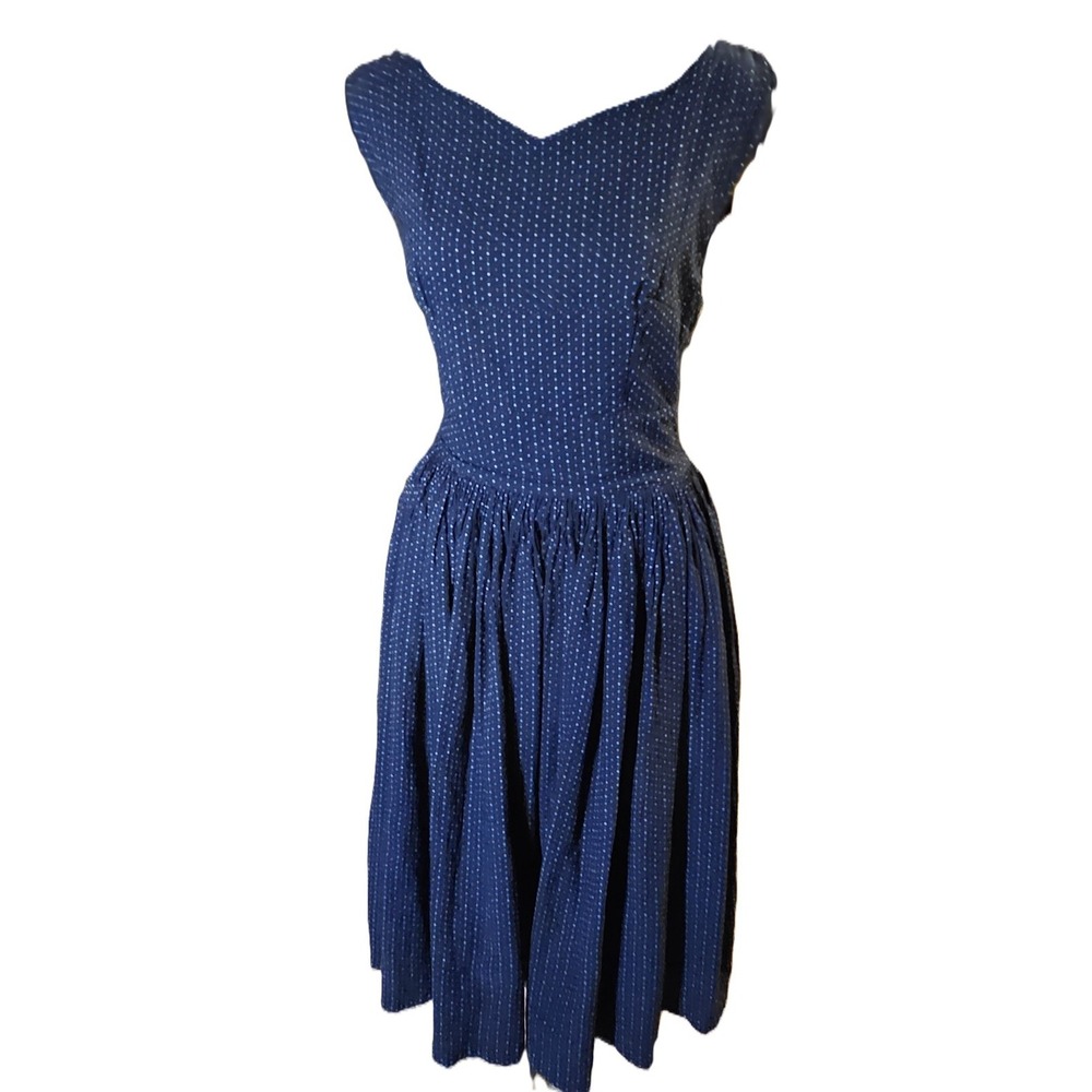 Modcloth Women SZ 8 Fit&Flare Navy Swiss Dot Rockabilly Retro 60"sMidi Pockets